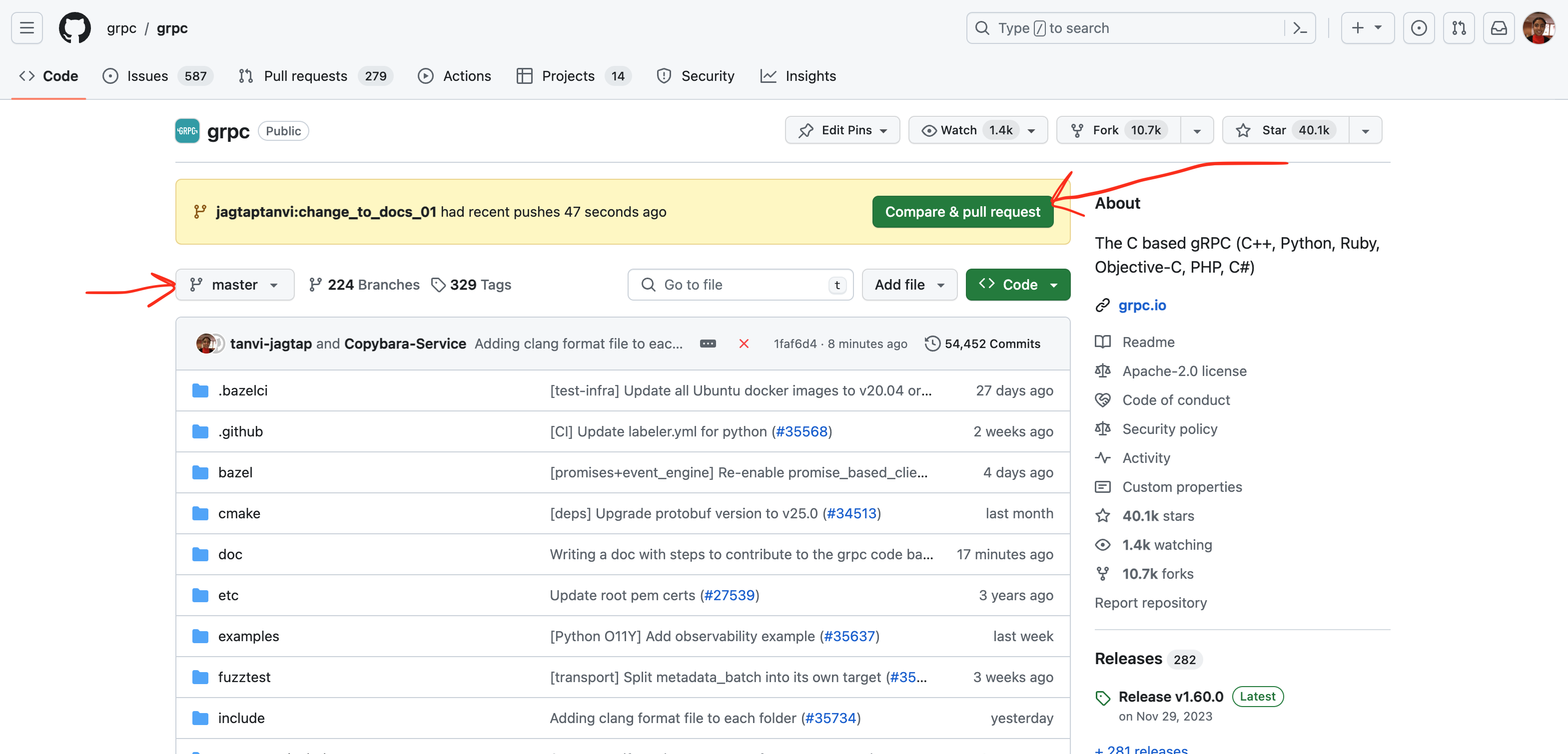 Screenshot of Github UI to help to create a pull request.