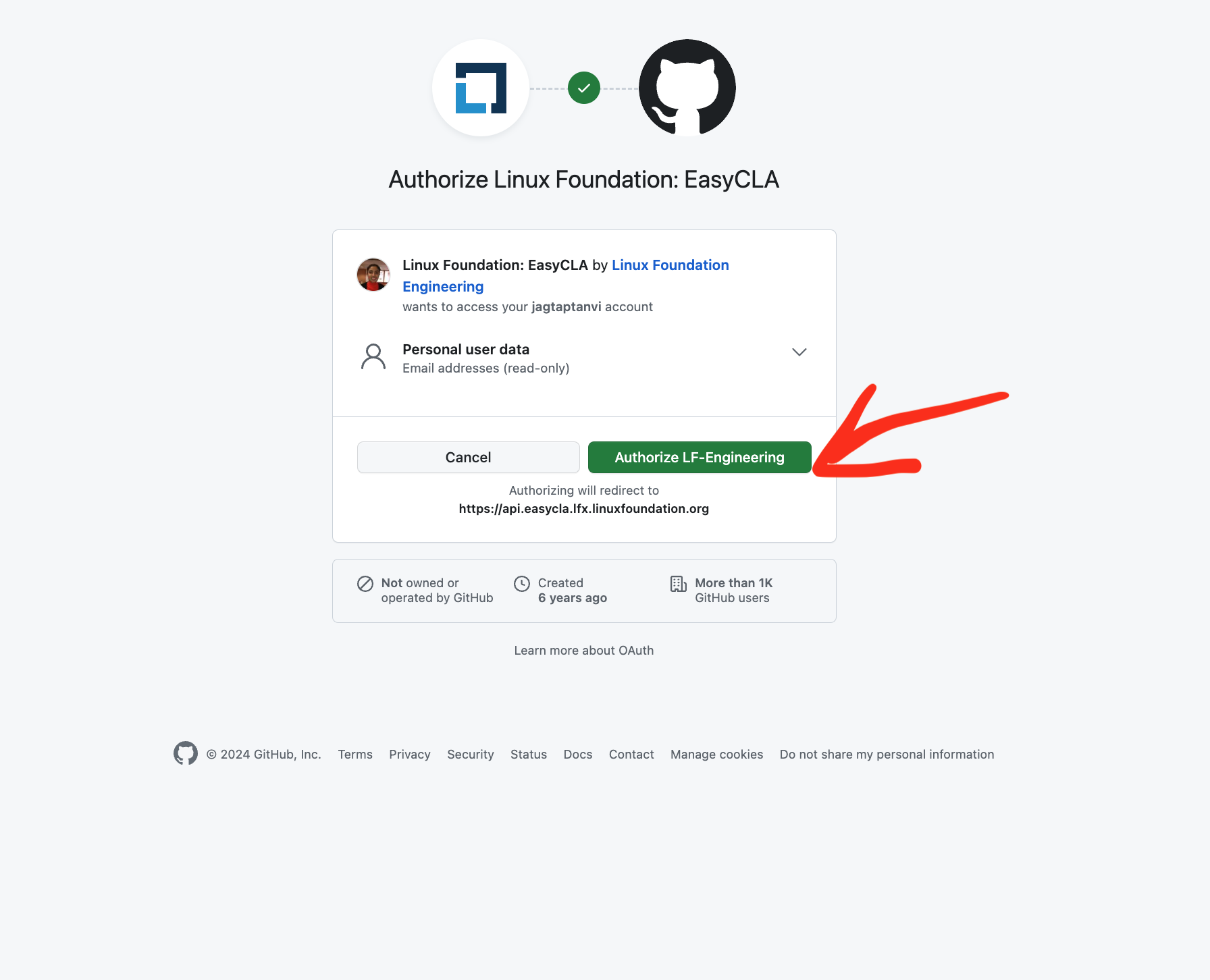 Screenshot of EasyCLA Step 1