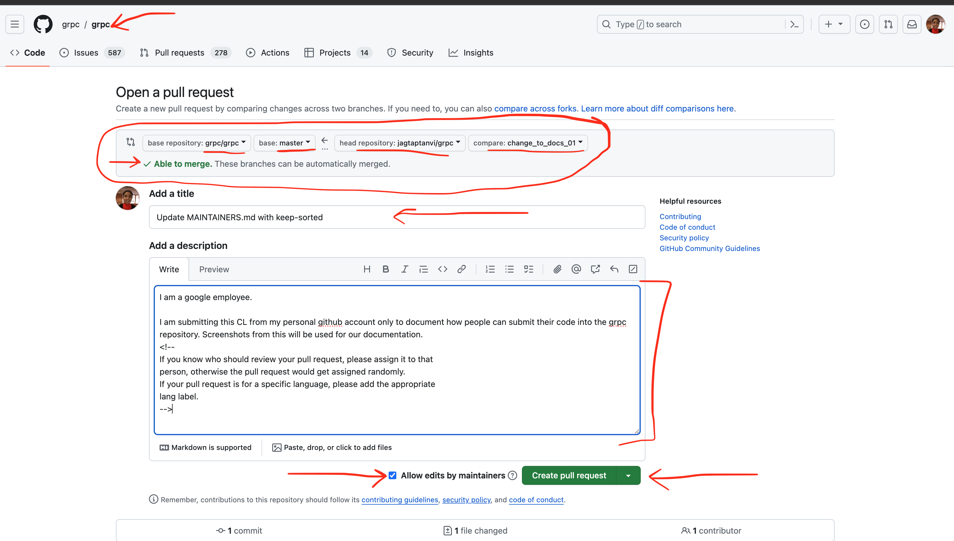 Screenshot of Github UI to help to create a Pull Request.