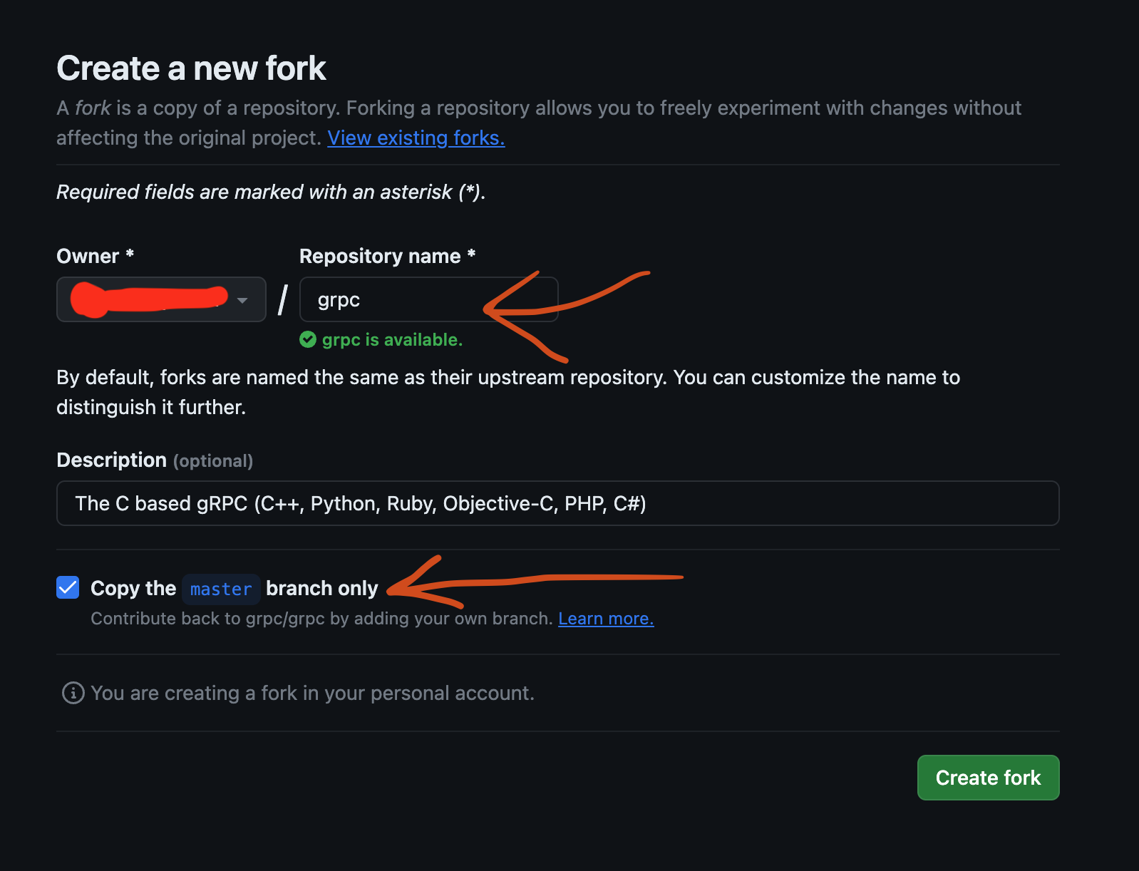 Screenshot of creating fork using a non-google account.